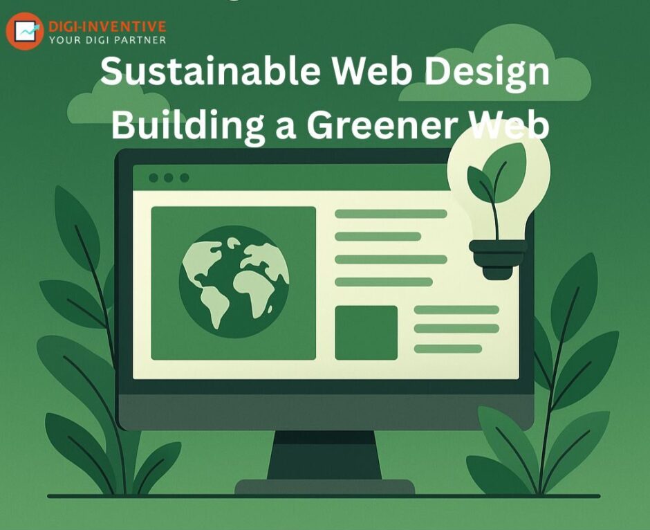 Illustration depicting Sustainable Web Design: a green website showing Earth, powered by an eco-friendly leaf lightbulb.