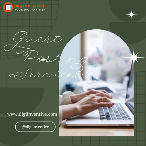 Hands typing on a laptop, beside text "Niche Guest Posting" on a green background, with DigiInventive logo and website.